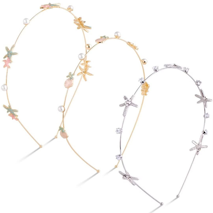 HINZIC 3pcs Rhinestone Starfish Headbands Handmade Pearl Seashell Mermaid Headbands Crystal Hair Hoops Bridal Headpiece