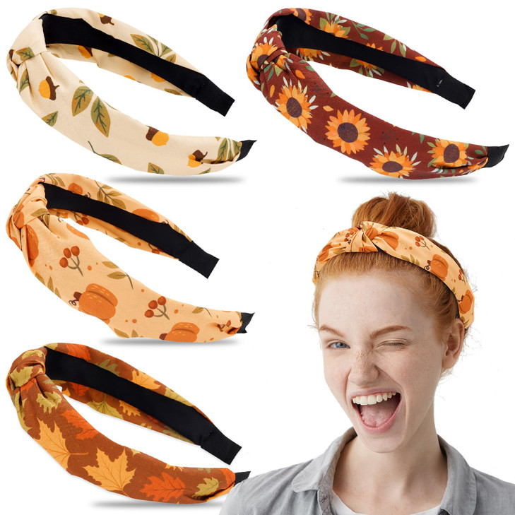 Whaline 4Pcs Fall Knotted Headbands Maple Leaves Pumpkin Sunflower Acorn Hair Hoop Autumn Harvest Decorative Hair Access