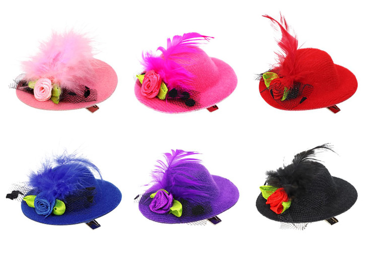 PENTA ANGEL Mini Hat Clip 6Pcs Small Tea Party Top Hat Fascinator Hair Barrette Pin with Ribbon Flower Faux Feather Mesh