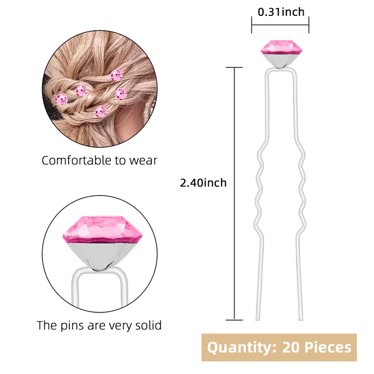 QIUTIMIY 20 Pack Pink Rhinestone Hair Pins Crystal Hair Clips for Bridal Wedding Women Hair Jewelry Accessories with Cle