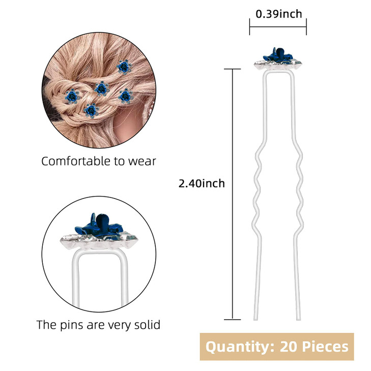 QIUTIMIY 20 Pack Navy Crystal Hair Pins Rose Flower Rhinestone Hair Clips for Bridal Wedding Women Hair Jewelry Accessor