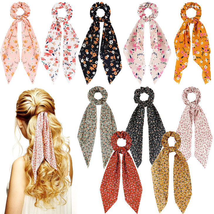 Chuangdi 10 Pcs Hair Scrunchies Hair Scarf with Ribbon Bunny Ears Chiffon Floral Bow Ponytail Holder Boho Elastic Floral