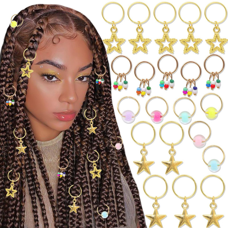 SAWINDA 21 Pieces Stars Hair Jewelry for Braids Summer Gold Loc Braid Hair Clips Colorful Beads Dreadlock Accessories Ch