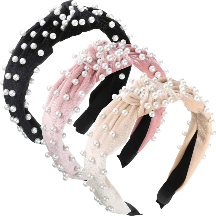 WILLBOND 3 Pieces Pearl Knotted Headbands for Women Velvet Top Knot Head Bands Pearls Hair Hoop for Woman Hair Accessori