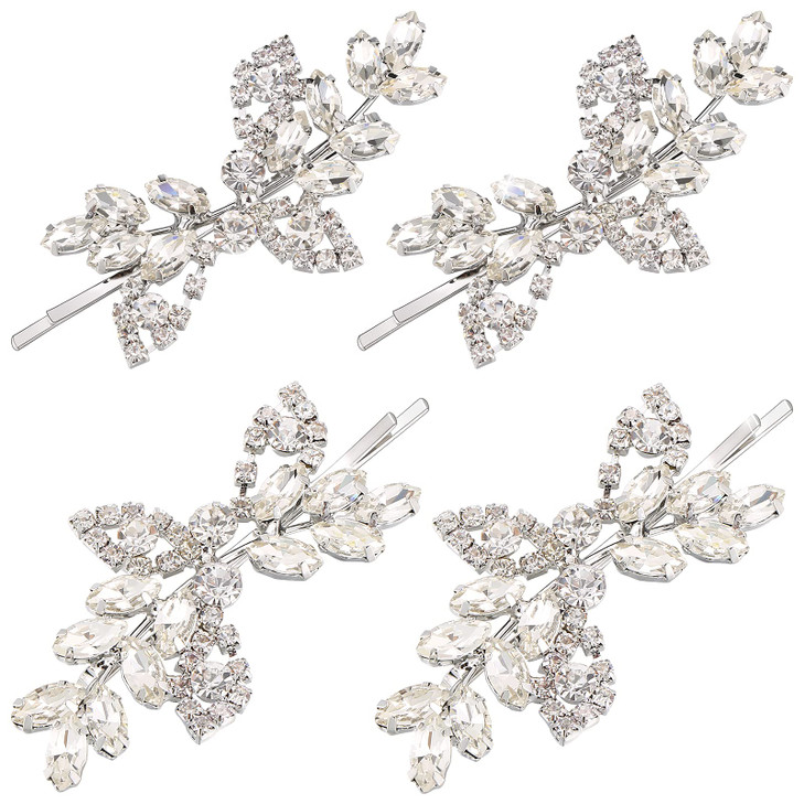 Waydress 4 Pcs Rhinestone Hair Clip Wedding Bridal Hair Barrette Decorative Leaf Crystal Side Hairpin Accessories for Wo