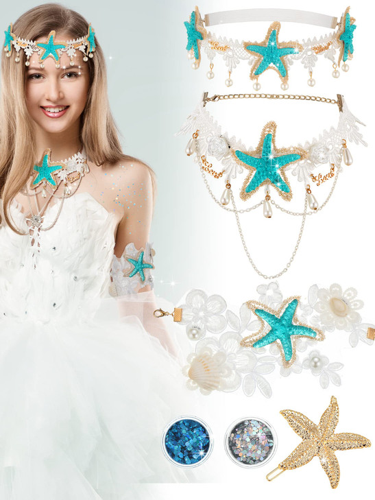 Dingion 6 Pcs Mermaid Hair Accessories Starfish Shell Headband Starfish Necklace Mermaid Arm Bracelet Hair Clip Sequin B