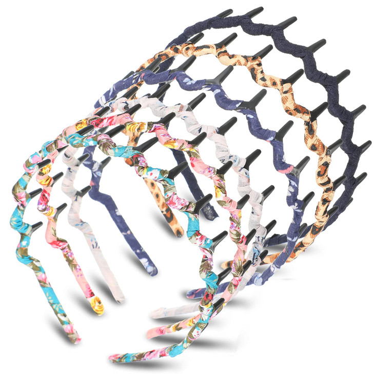 Syhood 6 Pieces Zigzag Headbands for Women Shark Tooth Comb Hairbands Wrapped Cloth Hairbands Wave Shape Plastic Hair Ba