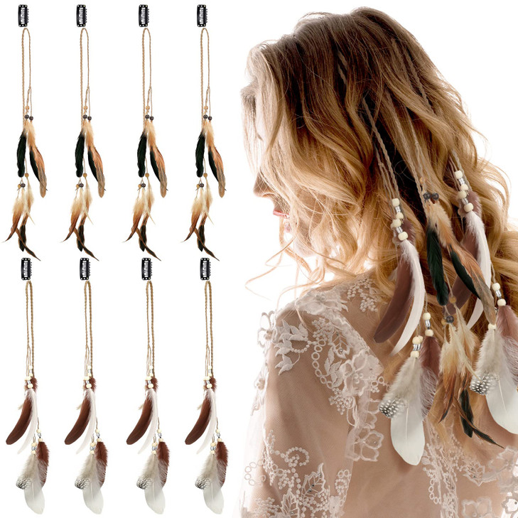 8 Pcs Feather Hair Clips Hippie Handmade Boho Hair Extensions with Feather Clip Comb Braided Beads Headdress Hippie Head