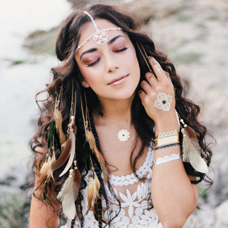 8 Pcs Feather Hair Clips Hippie Handmade Boho Hair Extensions with Feather Clip Comb Braided Beads Headdress Hippie Head