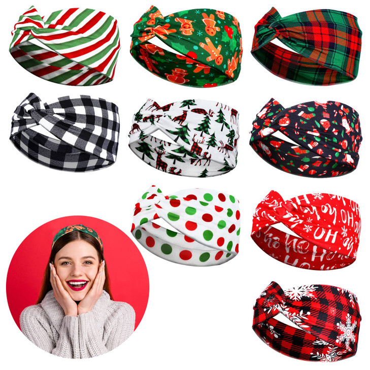 Mtlee 9 Pieces Christmas Twisted Headbands Candy Head Wrap Elastic Wide Retro Plaid Headbands Christmas Hair Accessories