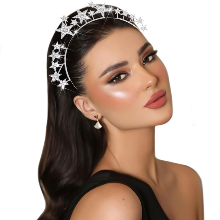 SAWINDA Star Halo Crown Headband Silver Crystal Crown Headpiece Goddess Tiaras Pearl Rhinestone Headdress Bridal Wedding