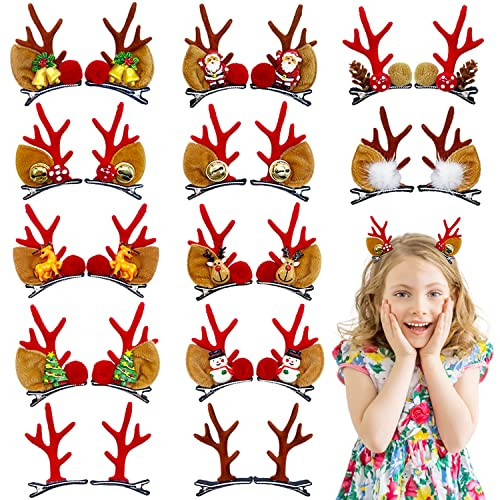 12 Pairs Reindeer Hair Clips Deer Horn Barrettes for Women Girls Christmas Hair Accessories