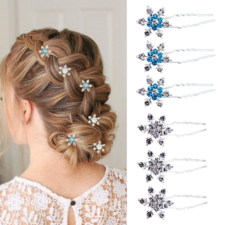 6 Pcs Christmas Hair Clips for Women and Girls Crystals Bobby Pins Snowflake Rhinestone Bridal UShape Hair Clips SilverB
