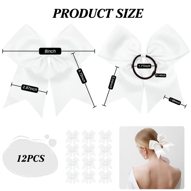 TUUXI 12pcs Large Cheering Bows 8 Inch White Cheerleading Bows with Elastics Hair Ties Bands Ponytail Holder for Cheerle