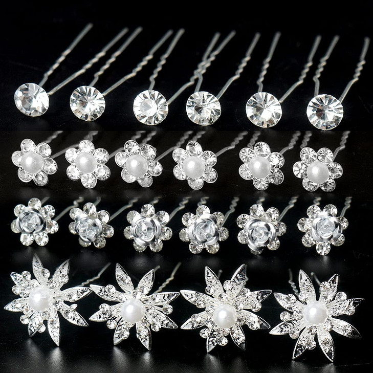 40 Pieces Bridal Hair Pins Clips and Barrettes with Crystal Pearl Flowers Womens Proms Hair Jewelry Accessories Gift Sto