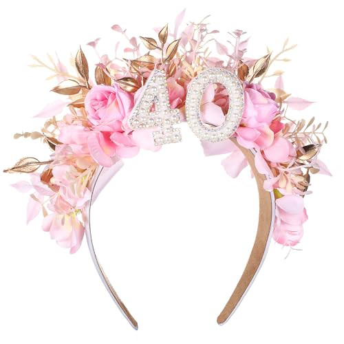 PartyforU Pink 40th Birthday Headband Handmade 40th Birthday Crown with Flowers for Women Celebration Gift Fabulous Part