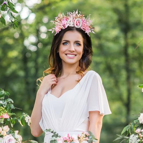 PartyforU Pink 40th Birthday Headband Handmade 40th Birthday Crown with Flowers for Women Celebration Gift Fabulous Part