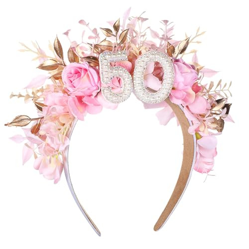PartyforU Hairband Pink 50th Birthday Headband with Pearl and Flower Design Adjustable Womens Gift for Moms 50th Birthda