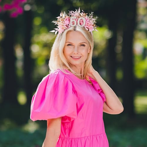 PartyforU Hairband Pink 50th Birthday Headband with Pearl and Flower Design Adjustable Womens Gift for Moms 50th Birthda
