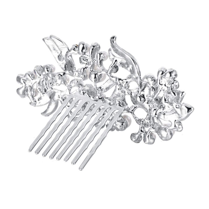 EVER FAITH Bridal Accessory Hair Piece Austrian Crystal Cream Simulated Pearl Flower Leaf Vine Side Comb Clear SilverTon
