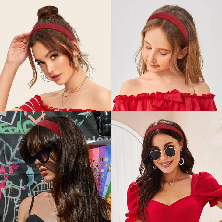 Wecoe Red Headband Women Valentines Day 1 Inch Sueded Like Headband Non Slip Fashion Solid Plain Hair Band DIY Costume H