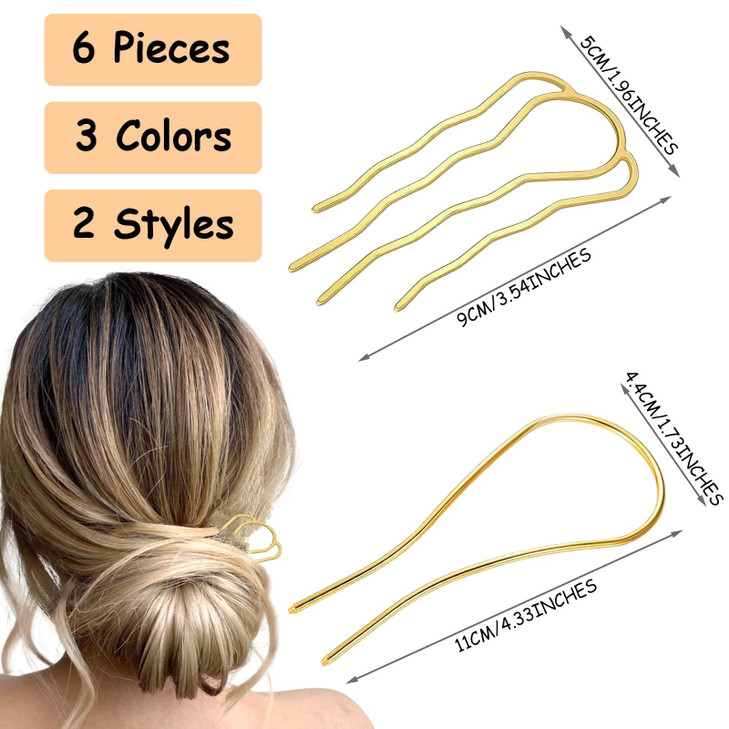 SHEHARUHI 6 Pieces Metal Hair Side Combs and Gold Silver U Shaped French Twist Hair Comb Pins Forks for Vintage Updos Bu