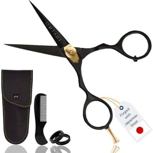 Ontaki Japanese Steel Beard Hair Trimming Scissors 55 In Black Finger Rest Tension Knob for Hair Mustache Scissors Alloy