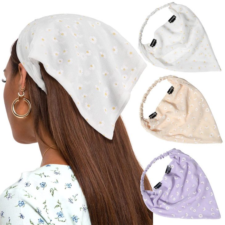AWAYTR Elastic Hair Scarf Headband 3 PCS Chiffon Print Floral Hair Scarves with Hair Clips Kerchief Head Bandanas for Wo