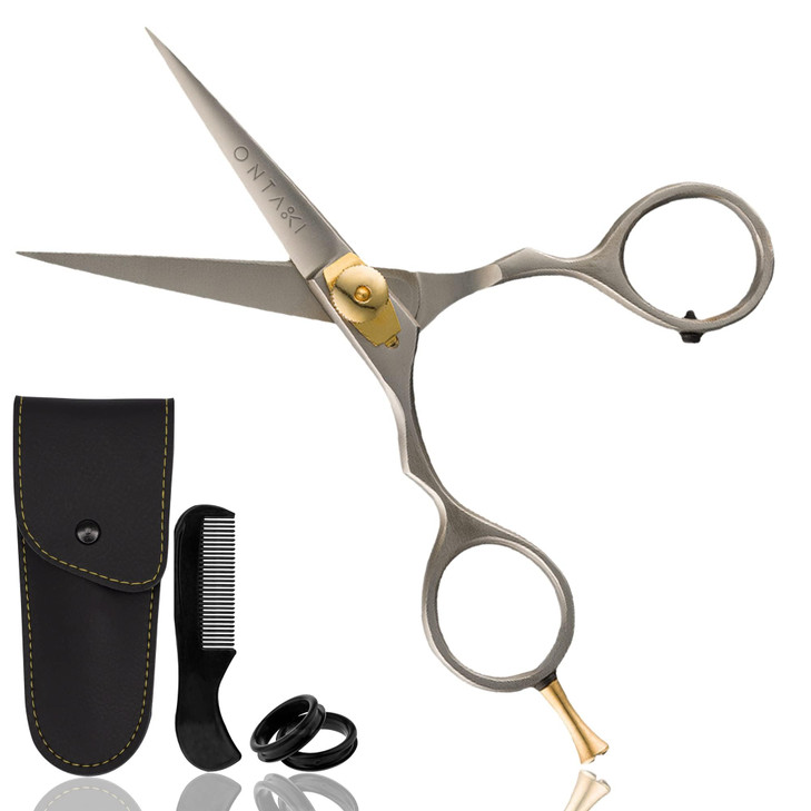 Ontaki Japanese Steel Beard Hair Shears 55 in Silver Precision Sharp Blades for Hair Scissors Rounded Tips for Mustache