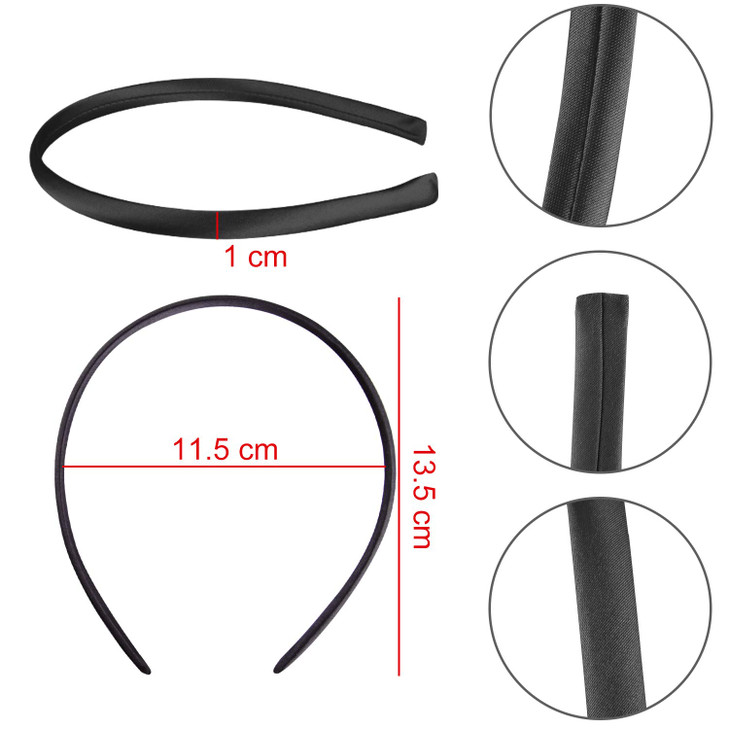 Duufin 50 Pieces Satin Headbands Black Plain Headband 1cm DIY Headband Satin Covered Hair Headbands for Girls and Women