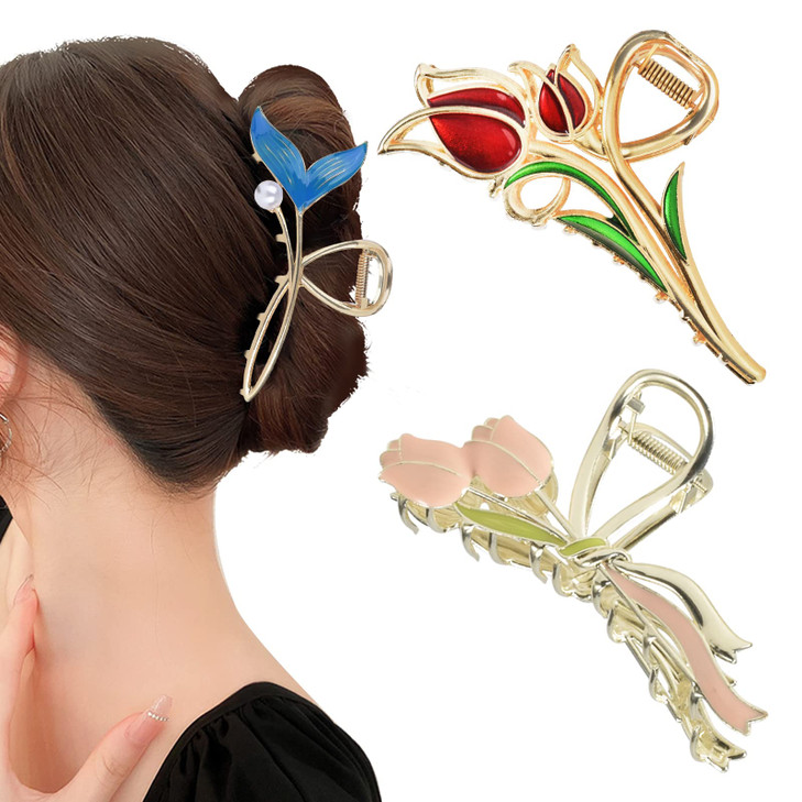 Yonchic 3Piece Flower Metal Hair Clips Muticolor Tulip Hair Claw for ThinMedium Thick Hair Elegant Fish Tail Floral Barr