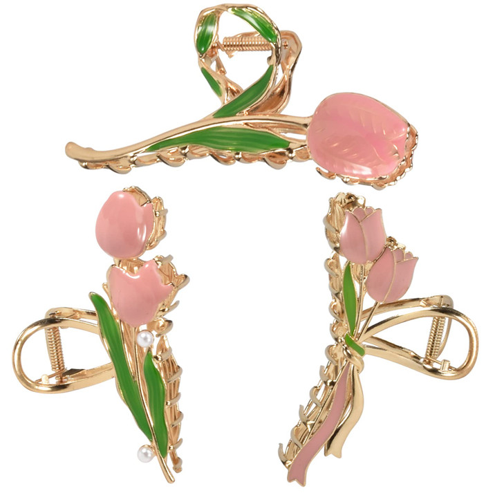 Yonchic 3Piece Floral Metal Hair Clips 3Style Tulip Claw Clamps for ThinMedium Thick Hair Elegant Barrettes with Strong
