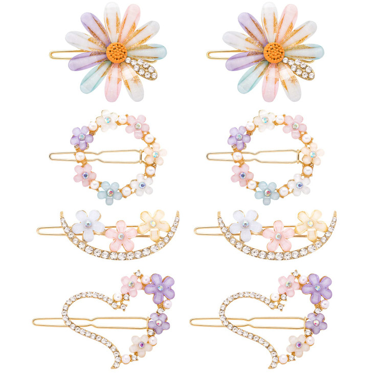 PAGOW 8PCS Cute Hair Clips for Women Girl Daisy Heart Moon Bobby Hairpins Glitter Crystal Flower Rhinestone Barrettes Ha