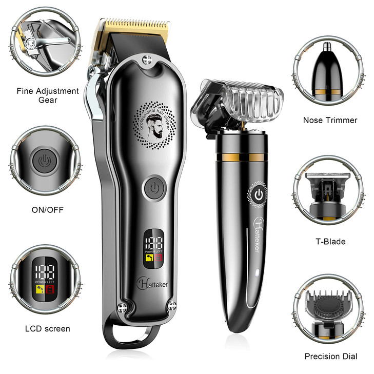Hatteker Hair Clipper Cordless Barber Clipper TBlade Beard Nose Trimmer Grooming Kit Professional IPX7 Waterproof