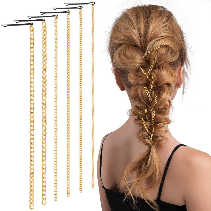 PAGOW 6Pcs Punk Gold Hair Chains with Tassels for Women and Girls Ponytail Multi Strand Head Accessories with Clips for