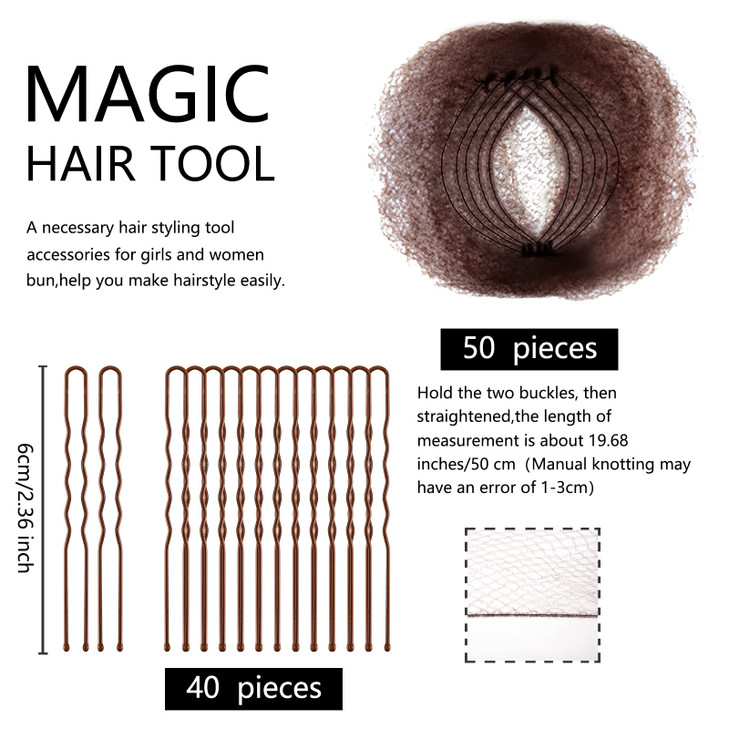 Zonon Bun Hair Nets 50Pcs Invisible Elastic Edge Mesh Individual Package Brown U Shaped Pins 40Pcs for Ballet Bun Sleepi