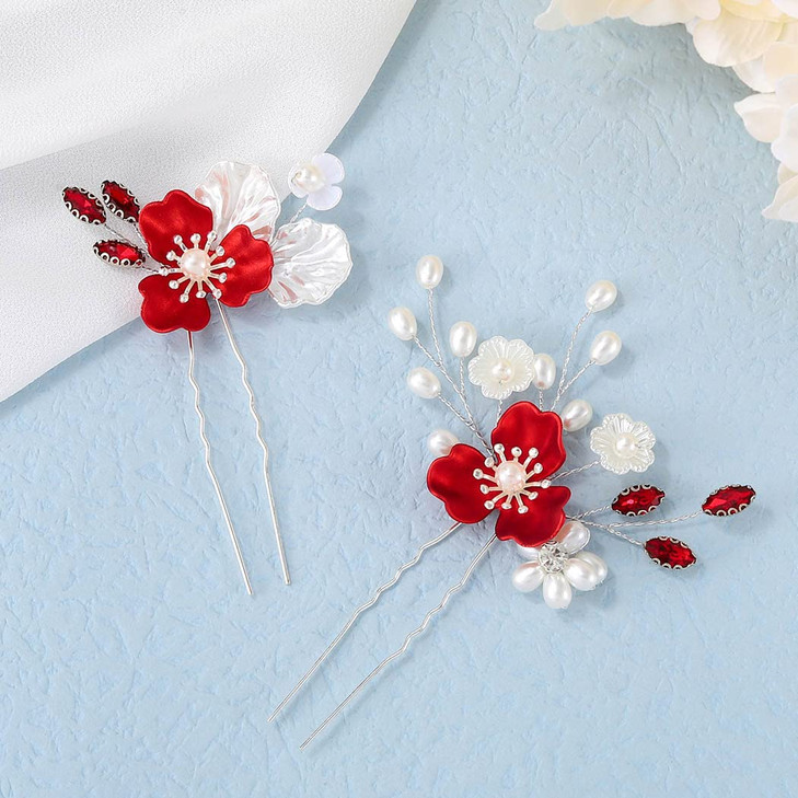 Latious Flower Wedding Hair Clips Red Hair Pins Bridal Hair Accessories for Women and Girls Pack of 2