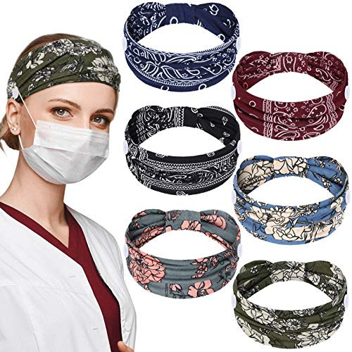 WILLBOND 6 Pieces Nursing Headbands with Buttons for Nurses Doctor Women Boho Bandana Headbands Wide Stretch Head Wraps