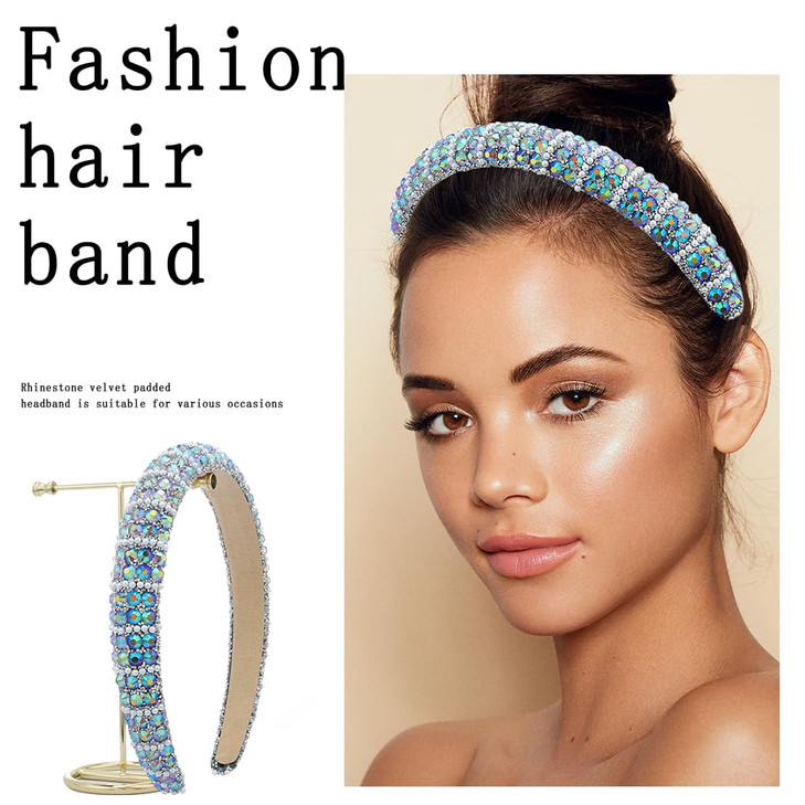 Sinalty Rhinestone Headbands Bling Crystal Beaded Headband Thick Padded Hairbands Fashionable Handmade Hair Accessories