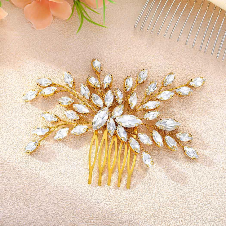 Foyte Crystal Wedding Hair Comb Gold Rhinestone Headpieces Leaf Bride Hair Pieces Bridesmaid Side Hair Combs for Women a