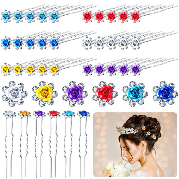 Chuangdi 30 Pieces Rhinestone Hair Pins Bridal Wedding Crystal Clips Rose Flower Crystal U Shaped Bobby Pins Decorative