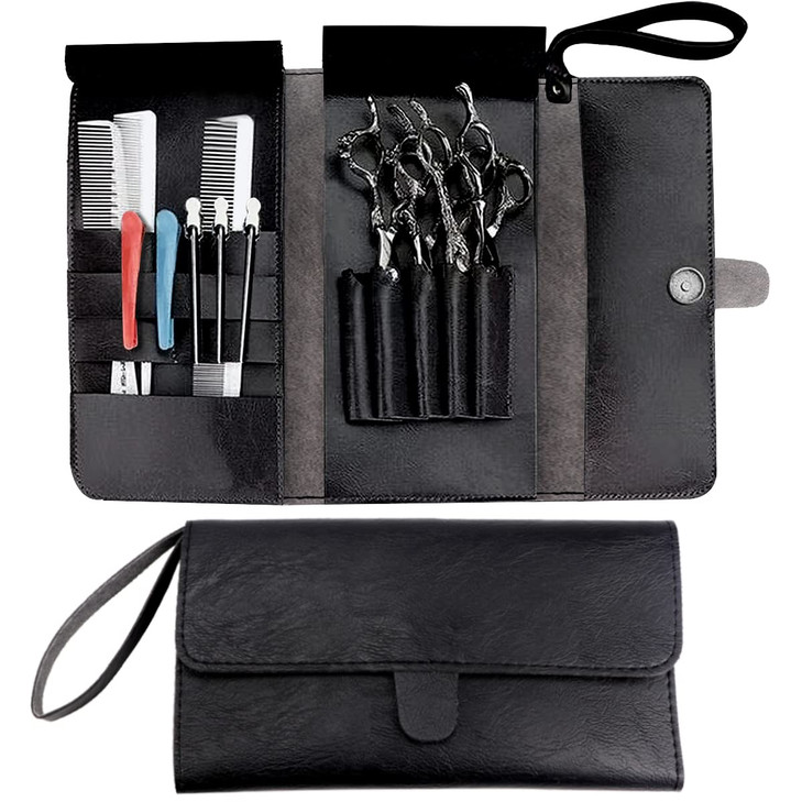 FERCAISH Salon Scissors Storage Bag Black Leather Scissors Holder Pouch Cases Multifunctional Clutch Bag Barber Salon Sc