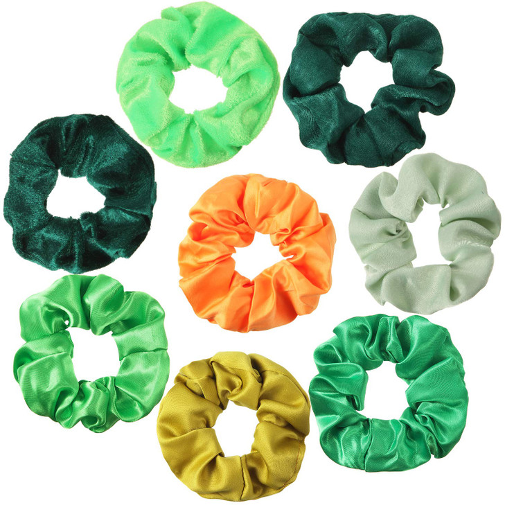 WILLBOND 8 Pieces Irish Green Scrunchies Hair Ties St Patricks Day Hair Accessories Velvet Cotton Satin Chiffon Elastic
