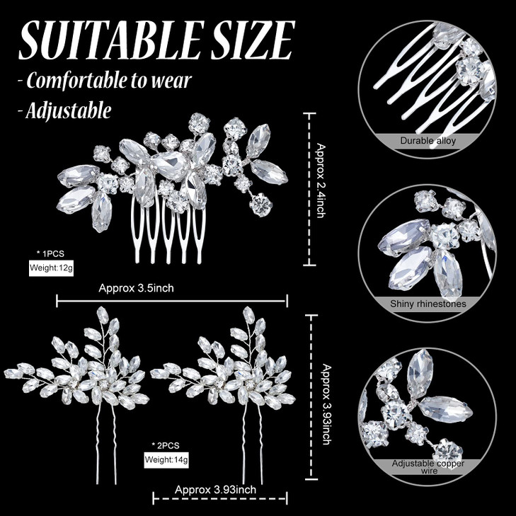 3 Pieces Bride Wedding Hair Comb Rhinestone Silver Bridal Hair Side Comb Crystal Hair Pieces Hair Pin Accessories for Wo