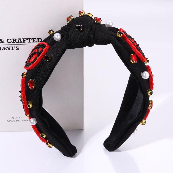 JERTOCLE Football Knotted Headbands for Women Game Day Sports Beaded Red Black Football Headband Pearl Crystal Bejeweled