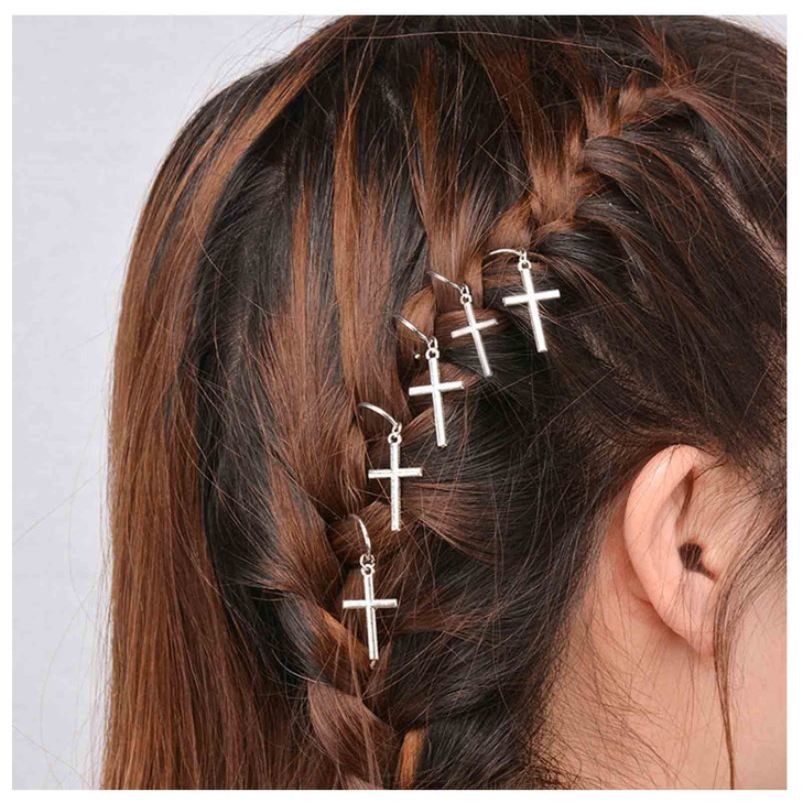 Allereyae Vintage Hair Rings and Clips Silver Cross Braid Rings Tiny Pendant Cuff and Dreadlock Accessories for Women 5P