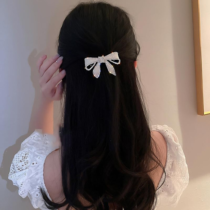 Yheakne Boho Crystal Hair Clip CZ Pearl Silver Bowknot Barrette Decorative Headpiece for Women and Girls