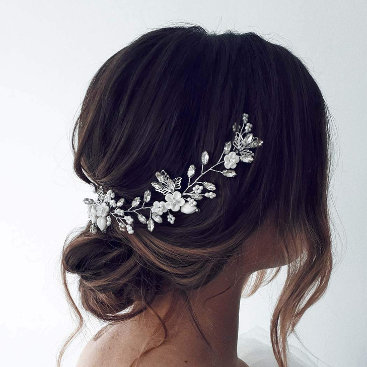 Unicra Bride Flower Wedding Hairpiece Pearls Bridal Hair Accessory with Crystals for Women and Girls Silver