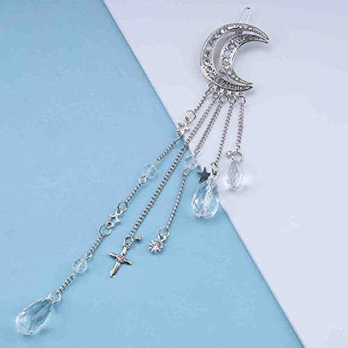Erimberate Bohemian Hair Accessories Moon Star Hair Clip with Paved Crystals Silver Dangle Rhinestone Tassel Headclip fo