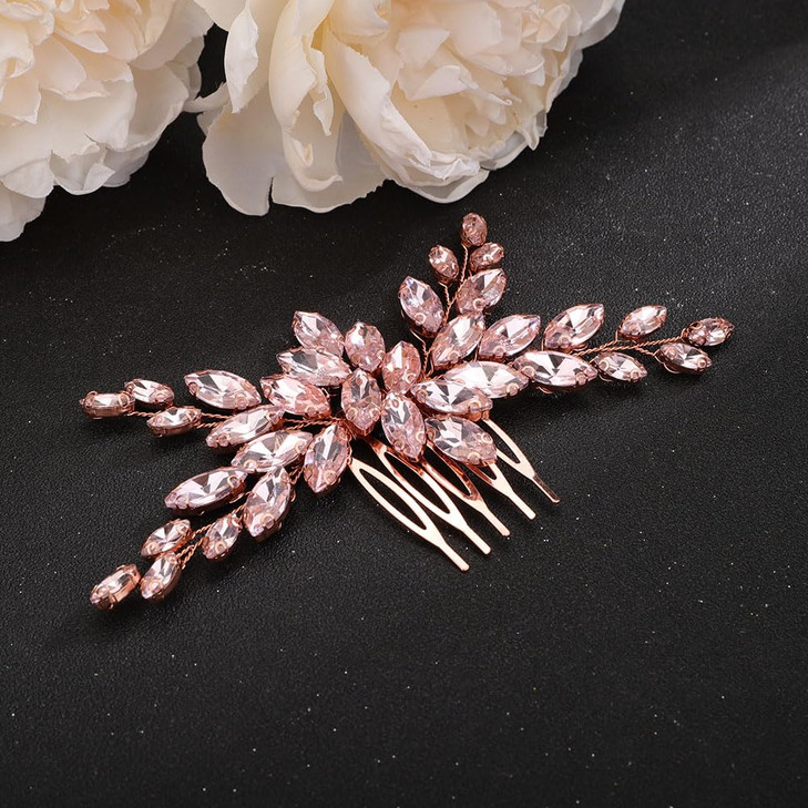 Teyglen Pink Crystal Rhinestone Hair Comb Bridal Hair Accessories Headpiece for Bride Wedding Women Girls